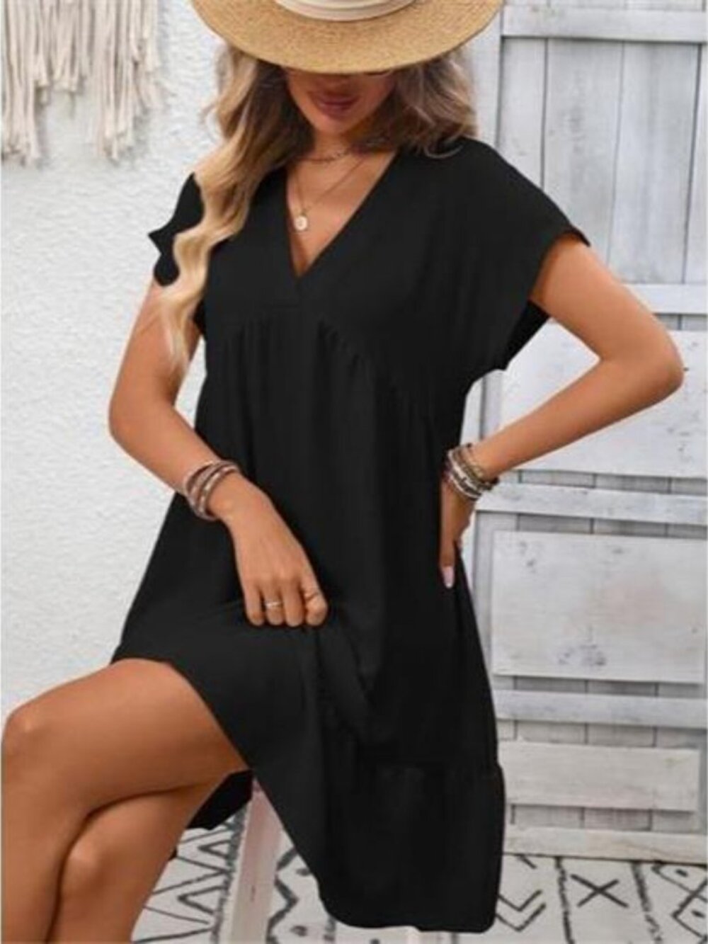 Casual V-Neck Ruffle Hem Mini Dress - Picture 3 of 3